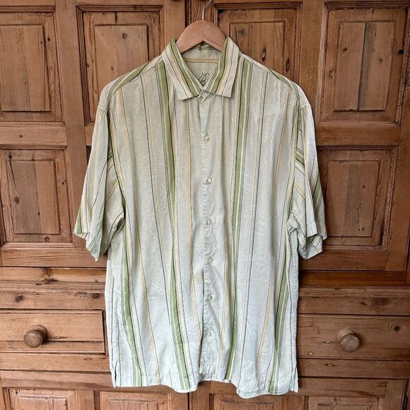 Tommy Bahama Other - Tommy Bahama‎ Large Silk Button Up Shirt Green Yellow Stripe Short Sleeve Collar